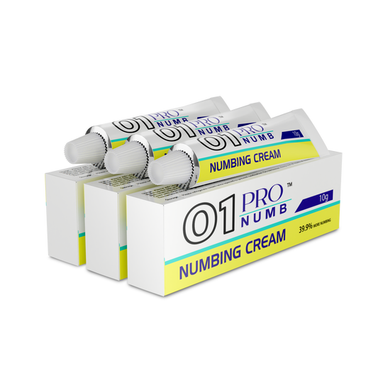 Pro Numb 01 Topical Numbing Cream for cosmetic procedures including lip fillers. image of 3 tubes of the best numbing cream for lip fillers. Topical anaesthetic cream.