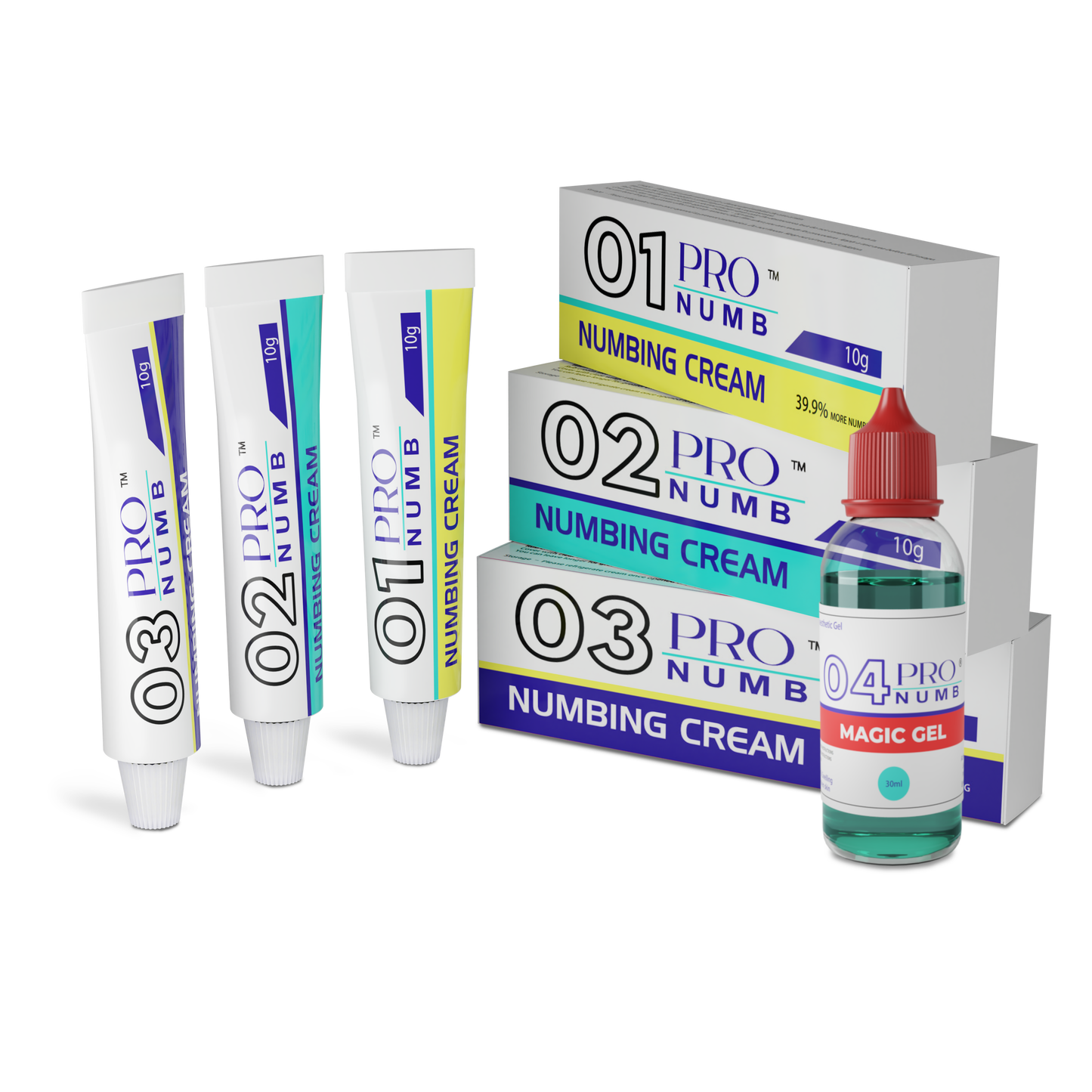 Image of Pro Numb Numbing creams beauty bundle pack including pro numb 01 to 03 creams and at Pro Numb 04 Magic gel o4 gel