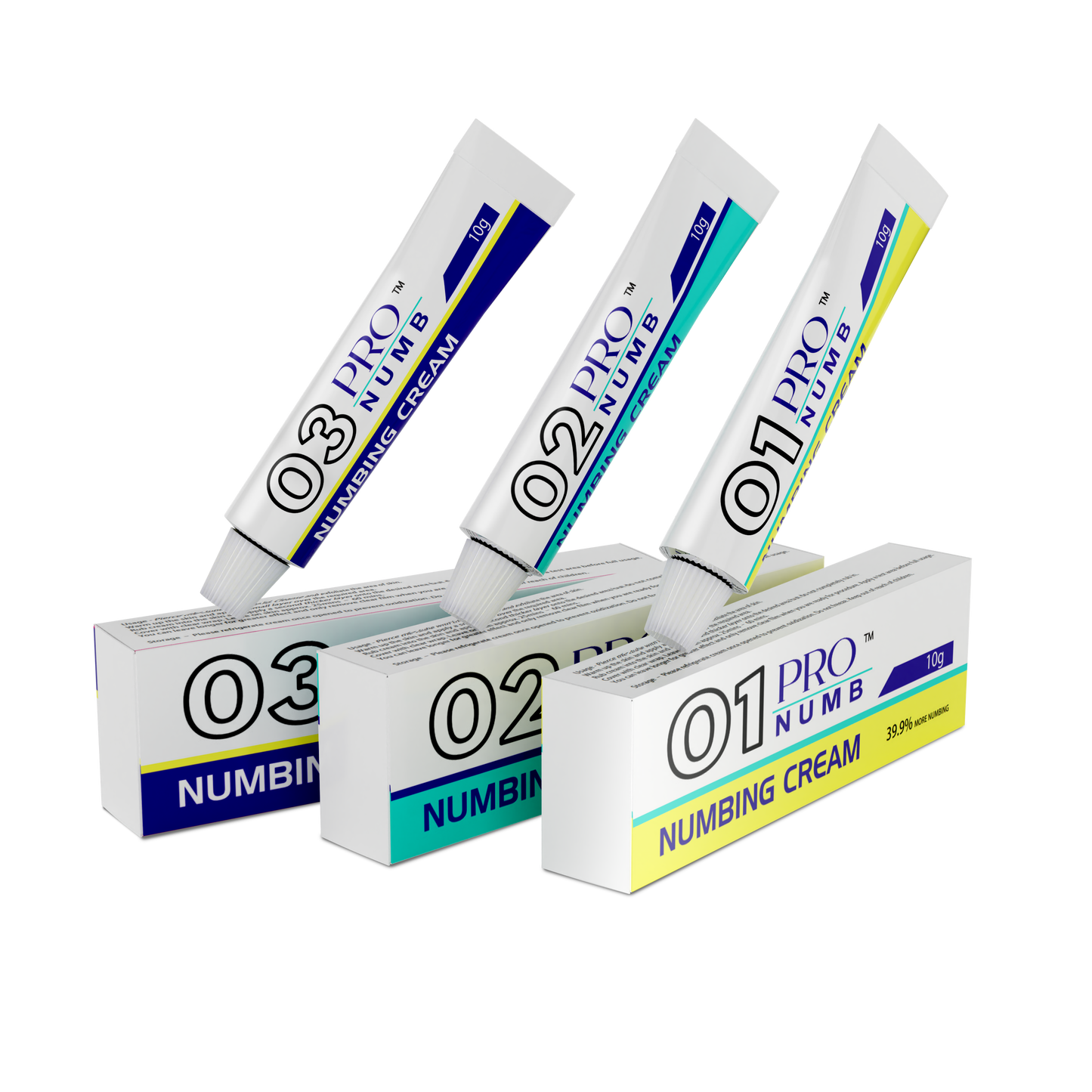 Image of the Pro Numb Triple Pack featuring creams Pro Numb 01, 02, and 03, each designed for ultimate comfort This set is ideal for beauty therapists performing uncomfortable treatments