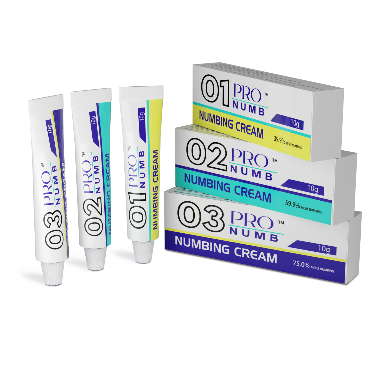 Image of the Pro Numb Triple Pack featuring creams Pro Numb 01, 02, and 03, each designed for ultimate comfort This set is ideal for beauty therapists performing uncomfortable treatments