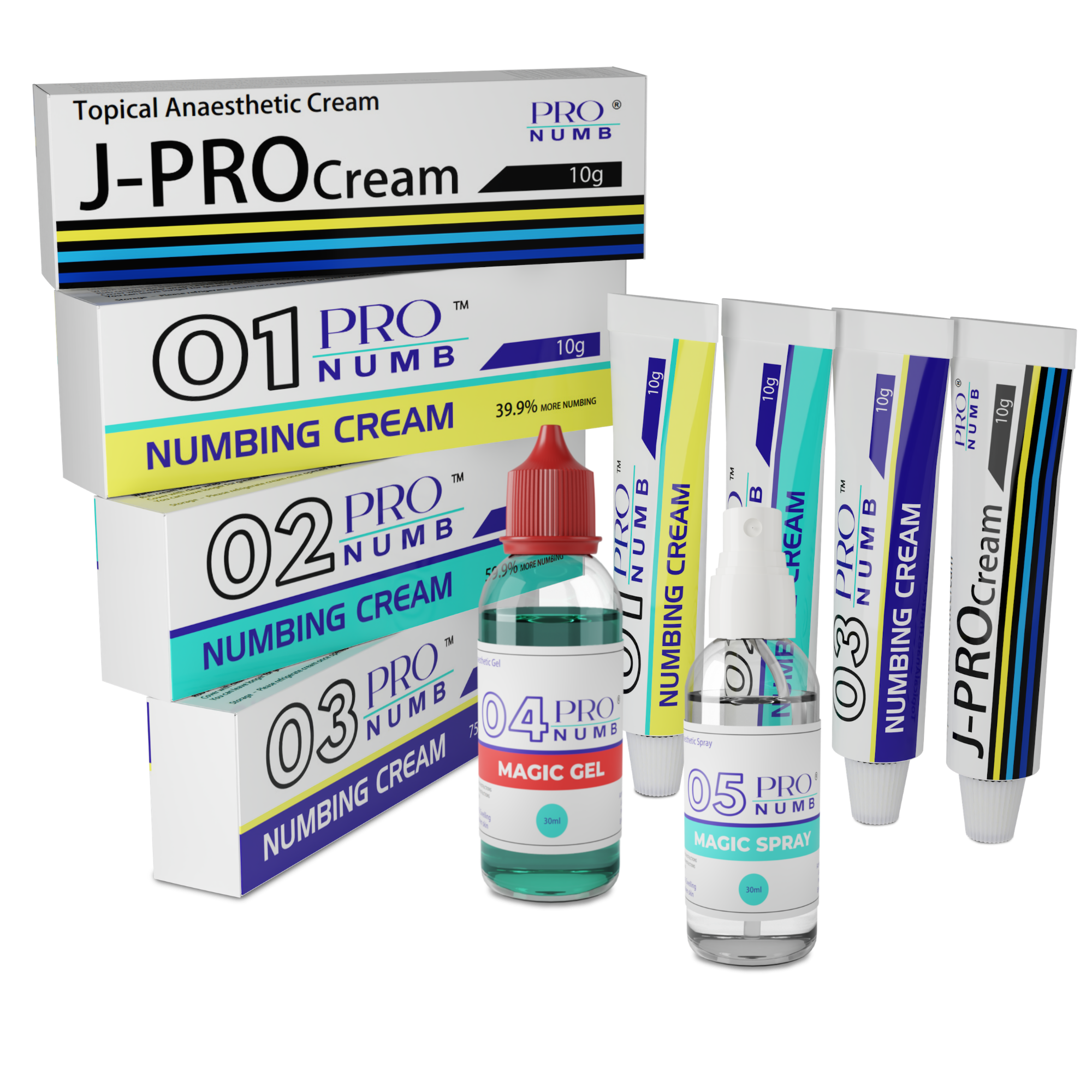 image of Pro Numb all products pack | JPRO Numbing Cream | Pro Numb 01-02-03 Cream | Pro Numb 04 Magic Gel | Pro Numb 05 Magic Spray | all procedures tattoo and beauty combination saver bundle