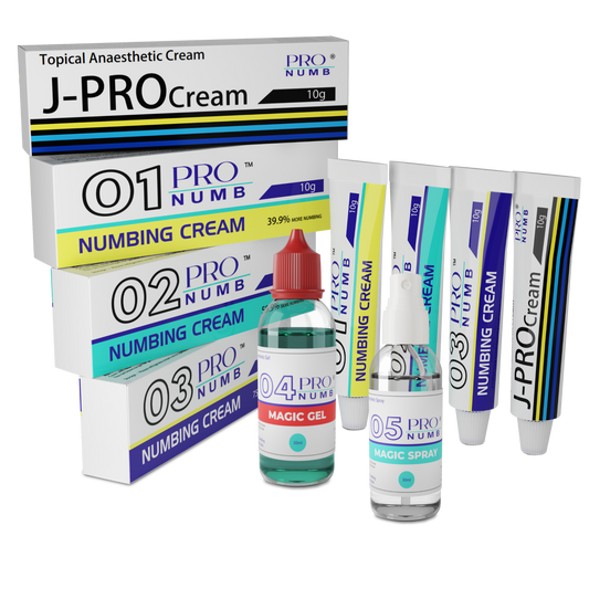 image of Pro Numb all products pack | JPRO Numbing Cream | Pro Numb 01-02-03 Cream | Pro Numb 04 Magic Gel | Pro Numb 05 Magic Spray | all procedures tattoo and beauty combination saver bundle
