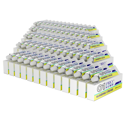image of many units of Pro Numb 01 Topical Numbing Cream for cosmetic procedures including lip fillers. image of 250 tubes of the best numbing cream for lip fillers. Topical anaesthetic cream. Wholesale Numbing cream for training academy's , clinicians and tattoo parlours.