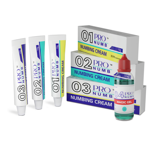 Image of Pro Numb Numbing creams beauty bundle pack including pro numb 01 to 03 creams and at Pro Numb 04 Magic gel o4 gel