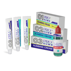 Image of Pro Numb Numbing creams beauty bundle pack including pro numb 01 to 03 creams and at Pro Numb 04 Magic gel o4 gel