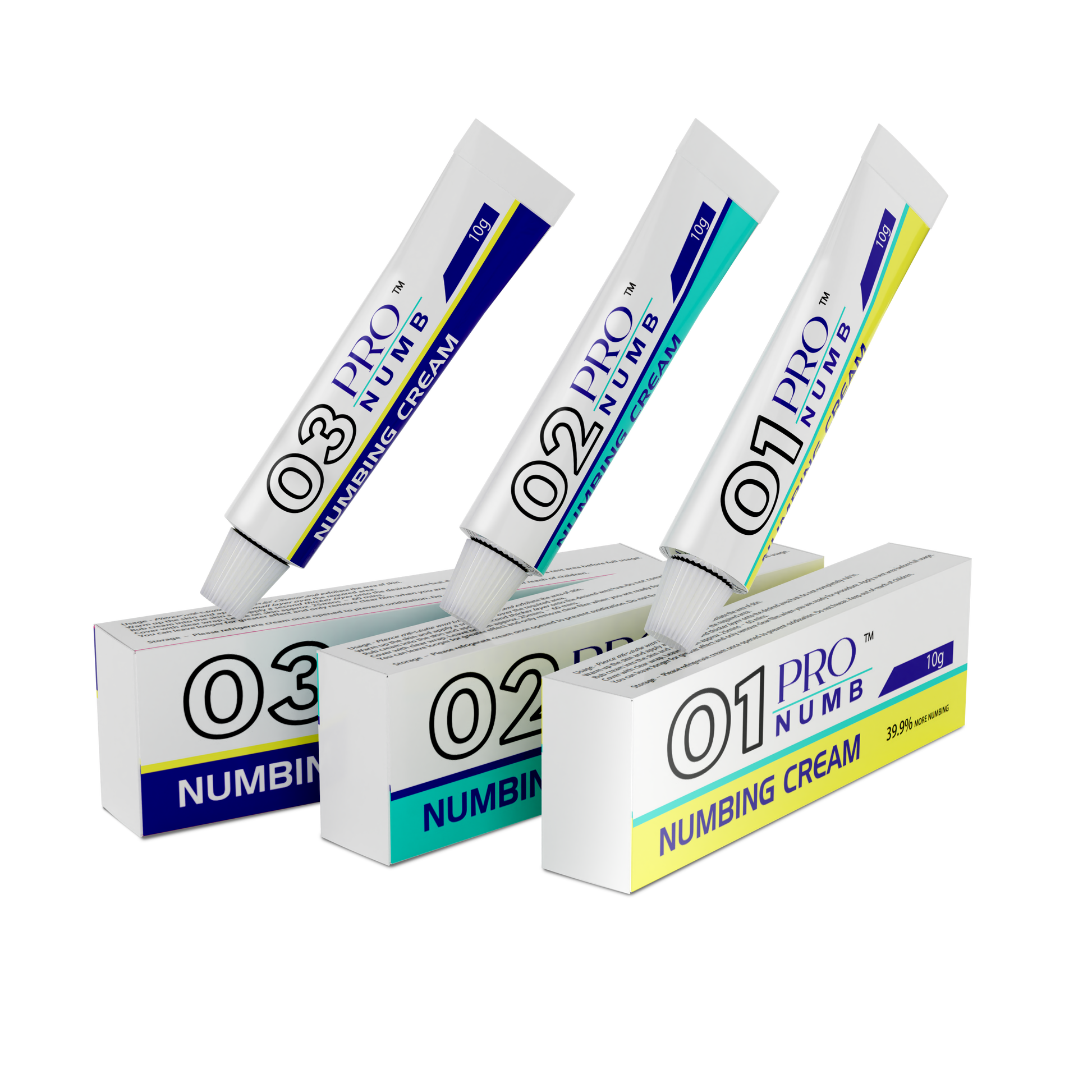 Image of the Pro Numb Triple Pack featuring creams Pro Numb 01, 02, and 03, each designed for ultimate comfort This set is ideal for beauty therapists performing uncomfortable treatments