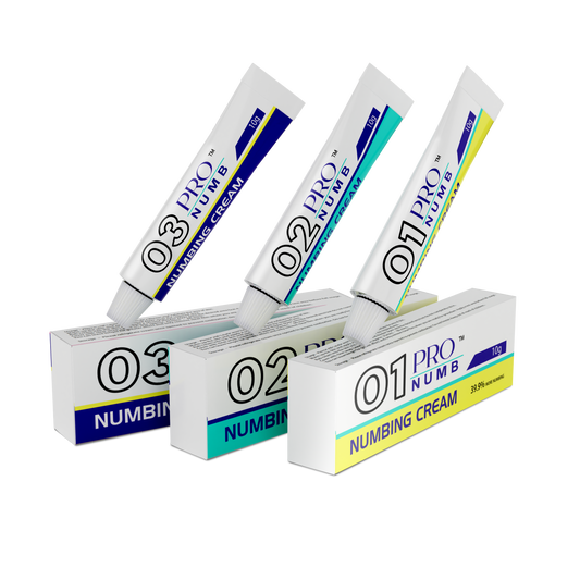 Image of the Pro Numb Triple Pack featuring creams Pro Numb 01, 02, and 03, each designed for ultimate comfort This set is ideal for beauty therapists performing uncomfortable treatments