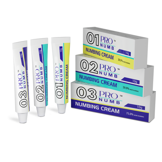 Image of the Pro Numb Triple Pack featuring creams Pro Numb 01, 02, and 03, each designed for ultimate comfort This set is ideal for beauty therapists performing uncomfortable treatments