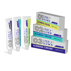 Image of the Pro Numb Triple Pack featuring creams Pro Numb 01, 02, and 03, each designed for ultimate comfort This set is ideal for beauty therapists performing uncomfortable treatments