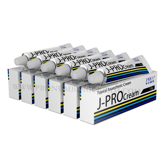 Image of a six tubes of JPRO Numbing Cream, Topical anaesthetic cream designed to deliver comfort during cosmetic procedures and tattoo sessions. strong numbing cream , the best numbing cream. By Pro numb 